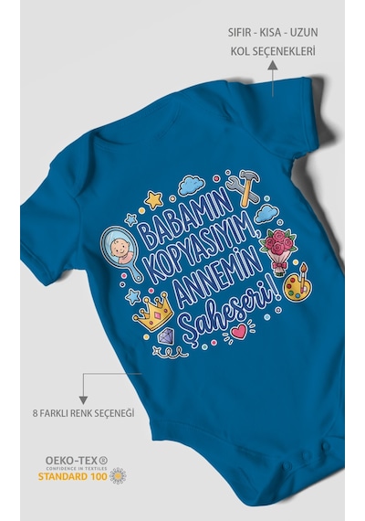 Morivokids Babamın Kopyasıyım Annemin Şaheseri Kısa Kollu Bebek Body %100 Pamuk Koyu Mavi