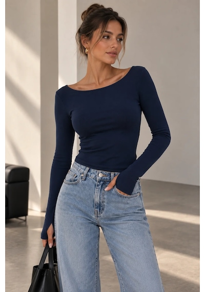 Bb Butik Basic Soft Touch Parmak Geçmeli Kayık Yaka Bluz Mdk35 Lacivert