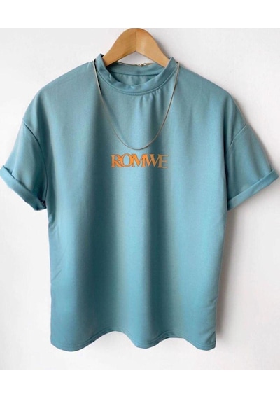 Flood Of Style Erkek Petrol Yeşili Romwe Baskılı Oversize T-shirt Mavi