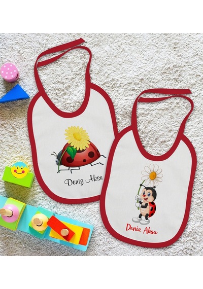 BK Kids Kişiye Özel Uğur Böceği Tasarımlı 2’li Kırmızı Mama Önlüğ Kırmızı