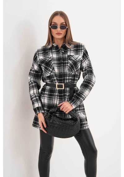 Polologin Butik Kadın Siyah Beyaz Çizgili Araboy Spor Gömlek Beyaz