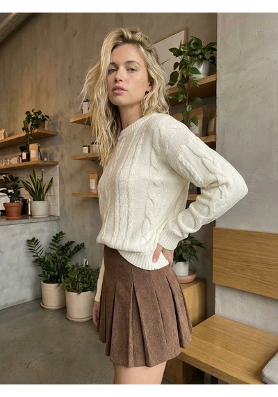 Sayzen Your Shine Saç Örgülü Basic Regular Triko Kazak Sy-2605 Ekru