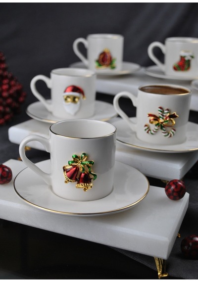 6 Kişilik Yılbaşı Dekorlu Porselen Kahve Fincan Takımı 90 Ml Yeni Yıl Noel 12 Parça Beyaz