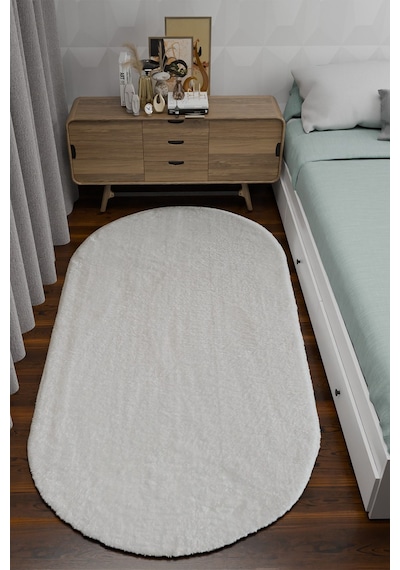 Tropikal Home Post Peluş Yumuşak Oval Halı Tüylü Halı Kaymaz Taban Konforlu Dekoratif Yıkanabilir Beyaz