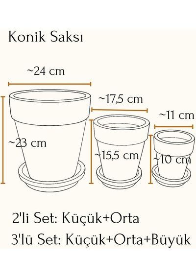 Terracotta Konik Saksı+tabak Bohem Beyaz Büyük 001