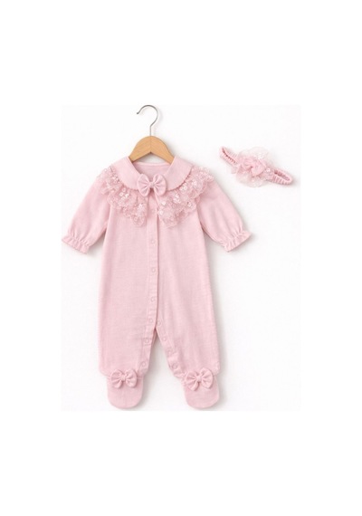 Kardeşler Bebe Fiyonk Ve Dantel Detaylı Çıkarılabilir Yaka Kız Bebek Patikli Tulum + Saç Bandı Pembe