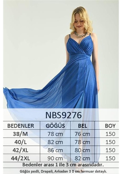 Neşeli Butik Kadın Mavi Simli Tül Kumaş Askılı Uzun Abiye Nbs9276 Mavi