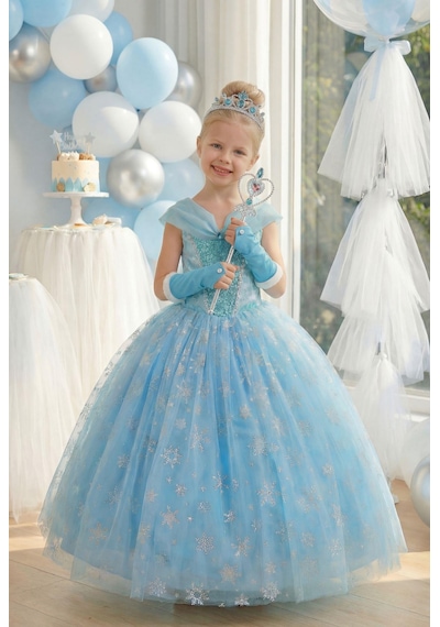 Butikhappykids Kız Çocuk Kostüm Mavi Elsa Frozen Düşük Omuz Detaylı Kasnaklı Kabarık Elsa Kostüm 3-8 Yaş Mavi