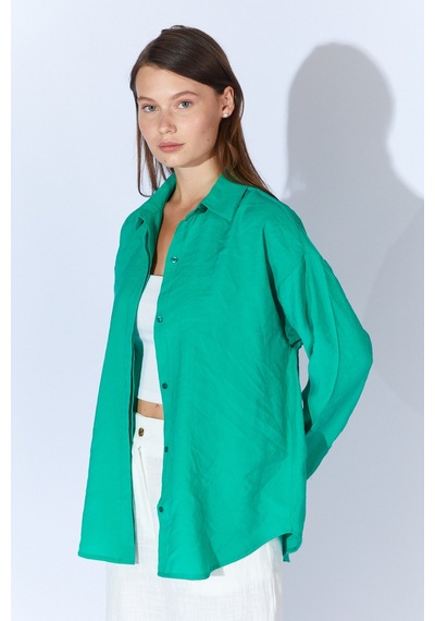 Manche Yeşil Modal Soft Dokulu Yumuşak Gizli Pat Detaylı Oversize Kadın Gömlek Mks168262-01