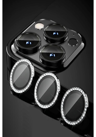 Apple Uyumlu iPhone 11 Pro Max ile Taşlı Tasarım Temperli Cam Kamera Lens Koruyucu - Siyah