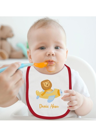 BK Kids Kişiye Özel Sevimli Pilot Tasarımlı Kırmızı Bebek Mama Ön Kırmızı