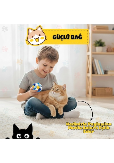Orletz Çıngıraklı Ponpon Kedi Oyuncağı - Renkli İnteraktif Peluş Top - Zilli Yuvarlanan Kedi Topu - Çiğneme Ve