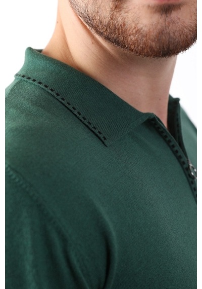 Ferraro Yeşil Polo Yaka Fermuarlı Erkek Pamuk Triko T-Shirt-Yeşil (417942963) Yeşil