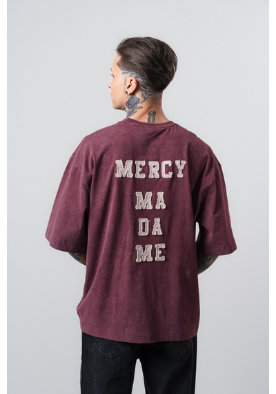 Respire Erkek Mercy Nakışlı Yıkamalı Oversize T-shirt Bordo