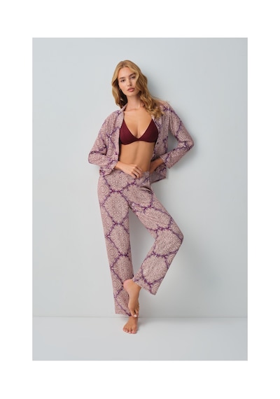 Suwen Harper Gömlek Yaka Pijama Takımı Wsh10510047662 Bordo Desenli