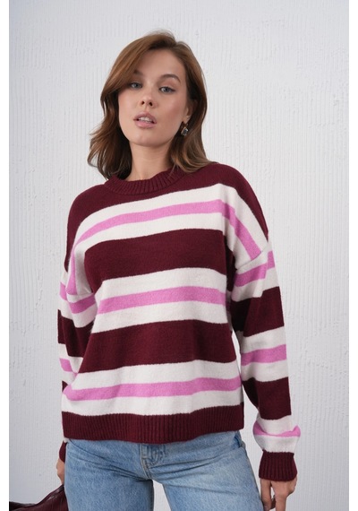 Park Karon Kadın Kemik Bisiklet Yaka Çizgili Oversize Triko Kazak 8655sw Bordo