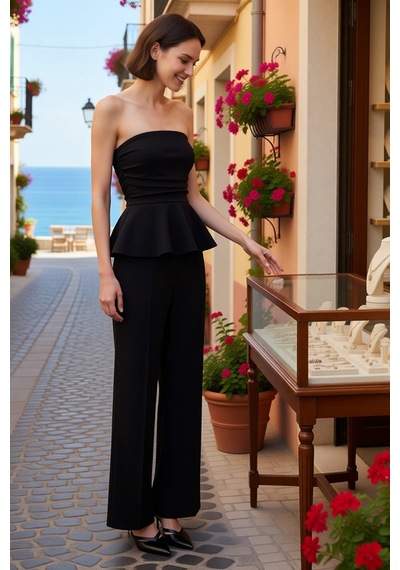 Benerly Kadın Straplez Peplum Detaylı Geniş Paça Uzun Örme Takım Soft Tou siyah