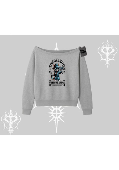 Startmore Detective Kitten Kedi Baskılı Kayık Yaka Sweatshirt Gri