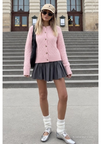 Madmext Pembe Bisiklet Yaka Örgü Desenli Kadın Hırka Mg2899