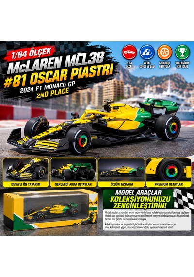 1/64 Mclaren Mcl38 81 Oscar Piastri 2024 F1 Monaco Gp 2nd Place Sarı