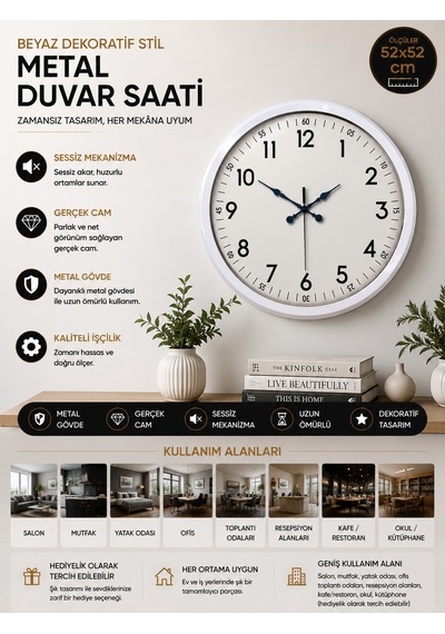 Almira Duvar Saati 52 Cm Beyaz Metal Dekoratif Duvar Saati