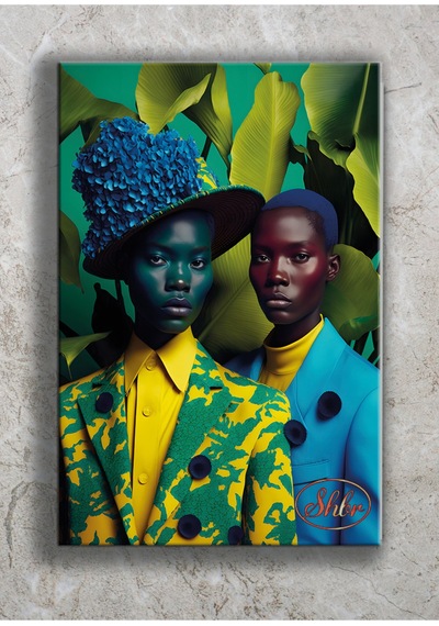 Tekli Dikey Kanvas Tablo İki Afrikalı Model Çok Renkli Dekoratif Kanvas Duvar Tablosu