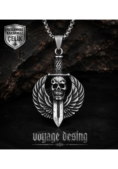 Paslanmaz Çelik Box Zincirli Gotik Tarz Darts Wings Kurukafa Kolye Gümüş