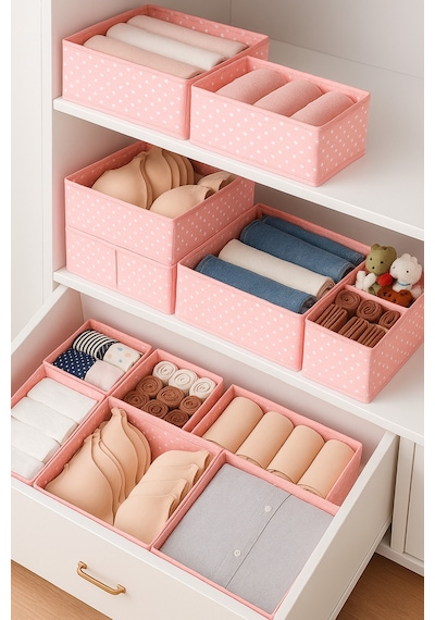 Serstil 6'lı Çekmece Içi Düzenleyici Organizer Set - Çok Amaçlı Dolap Içi Kutu Seti - Pembe Benekli Pembe Puantiye