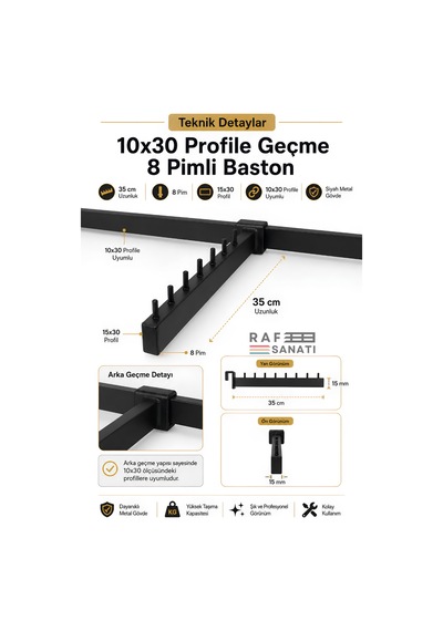 10 Adet - Pimli Baston Ab-1 Uyumu - 10x30 Profile Geçme - Pimli Baston Askılık 35 Cm Mağaza Raf Askılık Aparatı Siyah
