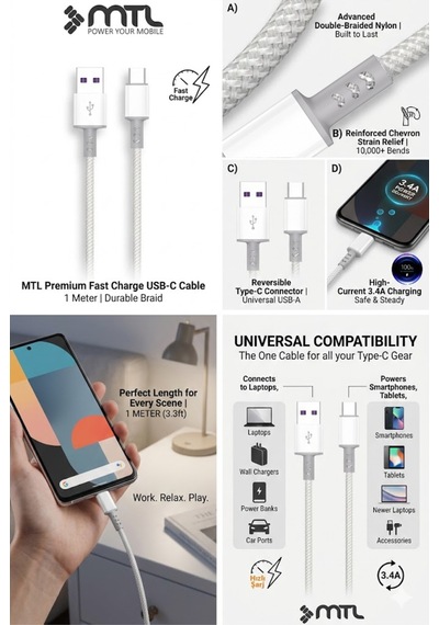3.4a Usb To Type-c Hasır Hızlı Şarj Ve Data Aktarım Kablosu 1 Metre Mt2453