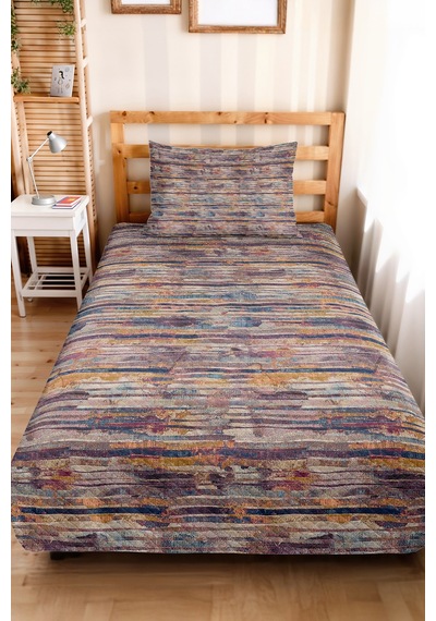 Modern Geometrik Mavi Tek Kişilik Pike Takımı - Retro Çizgili Mor Hardal 160x220 Cm Yatak Örtüsü Mahmur Defne Dokusu