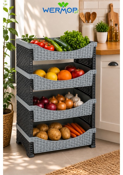 4 Katlı Rattan Görünümlü Plastik Sebzelik Bej Mutfak Organizer Raf - Gümüş