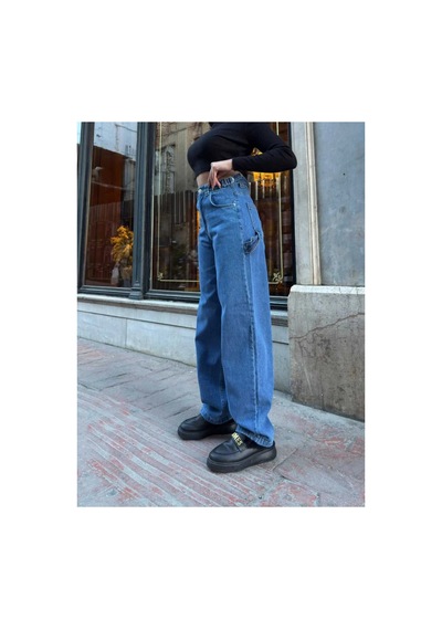 Kene Jeans Yüksek Bel Mavi Yan Kemer Tokalı Kargo Cep/baggy Bol Paça Jeans Mavi