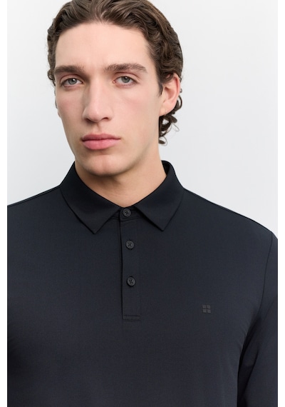 Avva Erkek Siyah Polo Yaka Düğmeli Teknik Kumaş Uzun Kol Basic Regular Fit T-shirt A62y1014