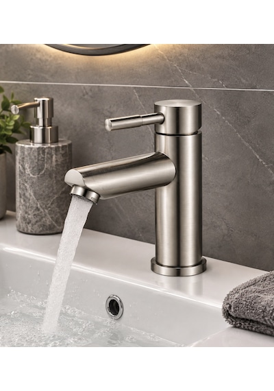 Alfas Lavabo Bataryası İnox Fırçalı Nikel 304 Paslanmaz Çelik Aç Kapa Banyo Bataryası 17x9cm Inox
