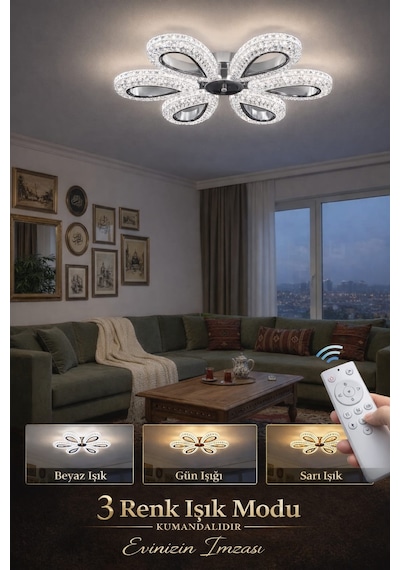 Yagmur 6lı Gold Avize 3 Renk Led Secenekli Salon Oturma Odası Avize Gümüş - Krom