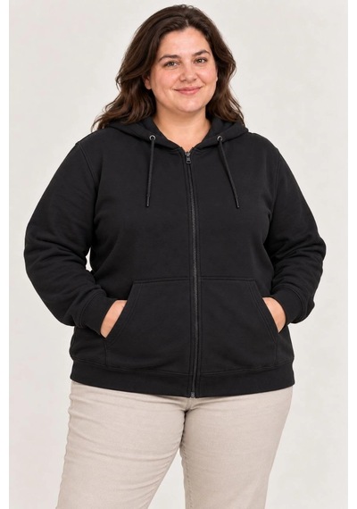 Moda Kadın Battal Büyük Beden Üç İplik İçi Şardonlu Kapüşonlu Tam Fermuarlı Kışlık Sweatshirt - Siyah Çok Renkli