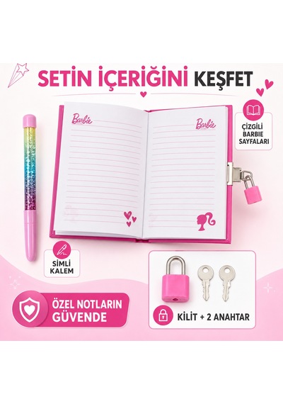 Bakgelal Barbie Kilitli Hatıra Defteri Seti Kalemli Günlük Defter, Kilit Ve Çocuk Kırtasiye Seti - 9080554717457 Çok Renkli