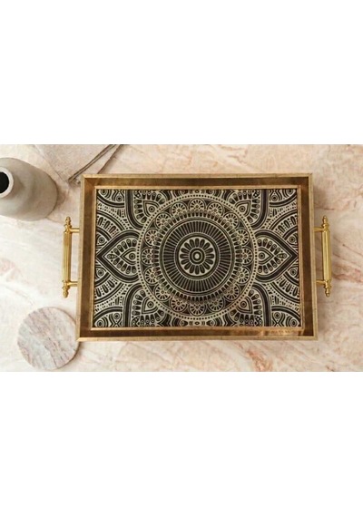 Mandala Desenli Dekoratif Tepsi Gold Çerçeveli Kulplu Çay Kahve & Sunum Tepsisi