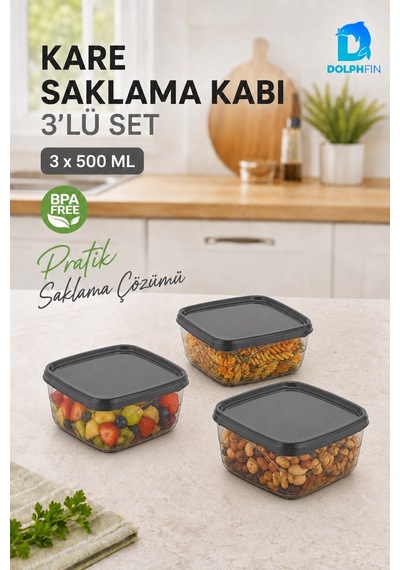 3 Lü Kare Saklama Kabı Seti 3x500 Ml Füme Şeffaf Siyah Kapaklı Bpa İçermez