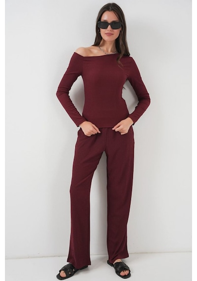 6708 Düşük Omuz Alt Üst Takım - Bordo Bordo