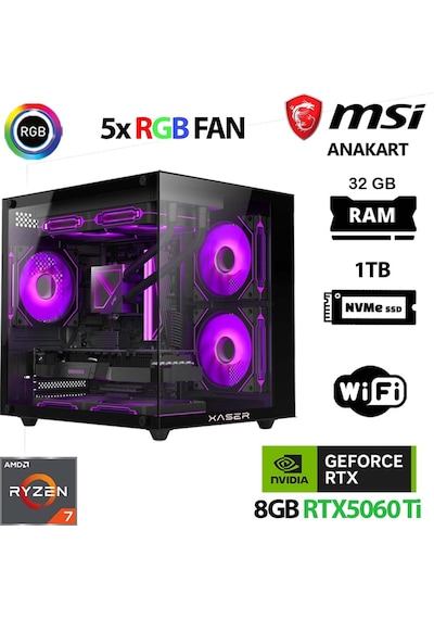 Xaser Cube X70 R7-5700X 32 GB 1 TB M.2 Nvme SSD 8 GB RTX5060Tİ Free Dos Masaüstü Oyuncu Bilgisayarı