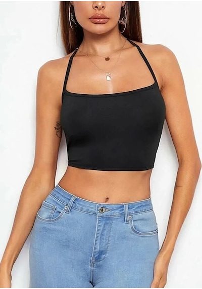 Liona Kadın Düz Yaka Sırt Açık Siyah Super Crop Top Bluz 001