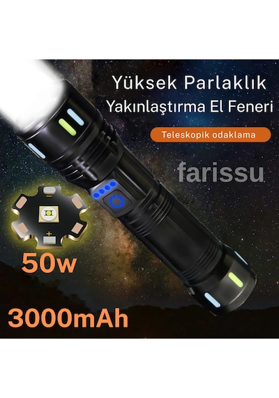 Rt-171 1000 Lümen 50w Şarjlı Led El Feneri 5 Modlu, Teleskopik Odaklamalı, Suya Dayanıklı Siyah