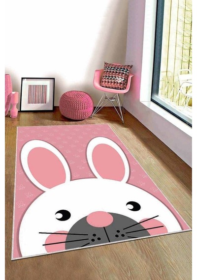 Pembe Yıkanabilir Kaymaz Tabanlı Tavşanlı Bebek Halısı Kd003n11