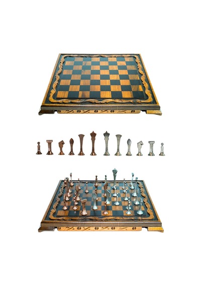 Mc44 Büyük Boy Metal Satranç Takımı Gerçek Ceviz Tahta El Yapımı Antik Taşlar 35x35cm