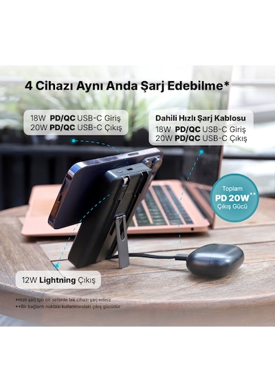 Ttec 2BB237S Recharger M 10.000 mAh Magsafe Uyumlu PD 20W Lightning Ve USB-C Dahili Kablolu Stantlı Powerbank