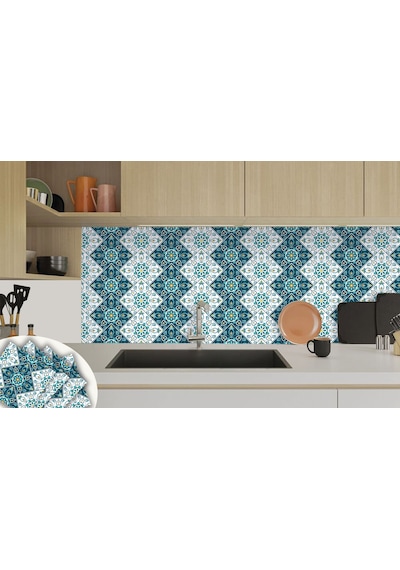 Tink Kendinden Yapışkanlı Turkuaz Çiçek Desenli Pvc Karo 30x30 Cm