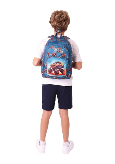 Kaukko Kids Üç Bölmeli Yeşil Kırmızı - Arazi Aracı Baskılı Erkek Çocuk Okul Ve Günlük Sırt Çantası - L5282 Yeşil - Kırmızı