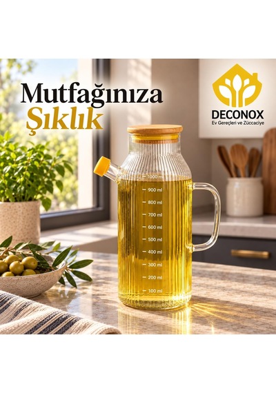 Bambu Kapaklı Çizgili Cam Yağlık 1000 Ml, Kulplu Yağdanlık, Kapaklı Dökme Ağızlı Şeffaf Zeytinyağı Ve Sıvı Yağ Şişesi, 1 Litre